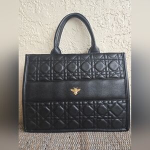 Black Quilted Tote Bag Gold Bee Detail Structured Top Handle Designer Inspired